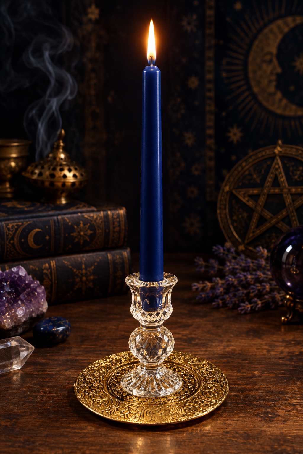Chandelle Ésotérique Bleu Nuit — Flamme de Protection